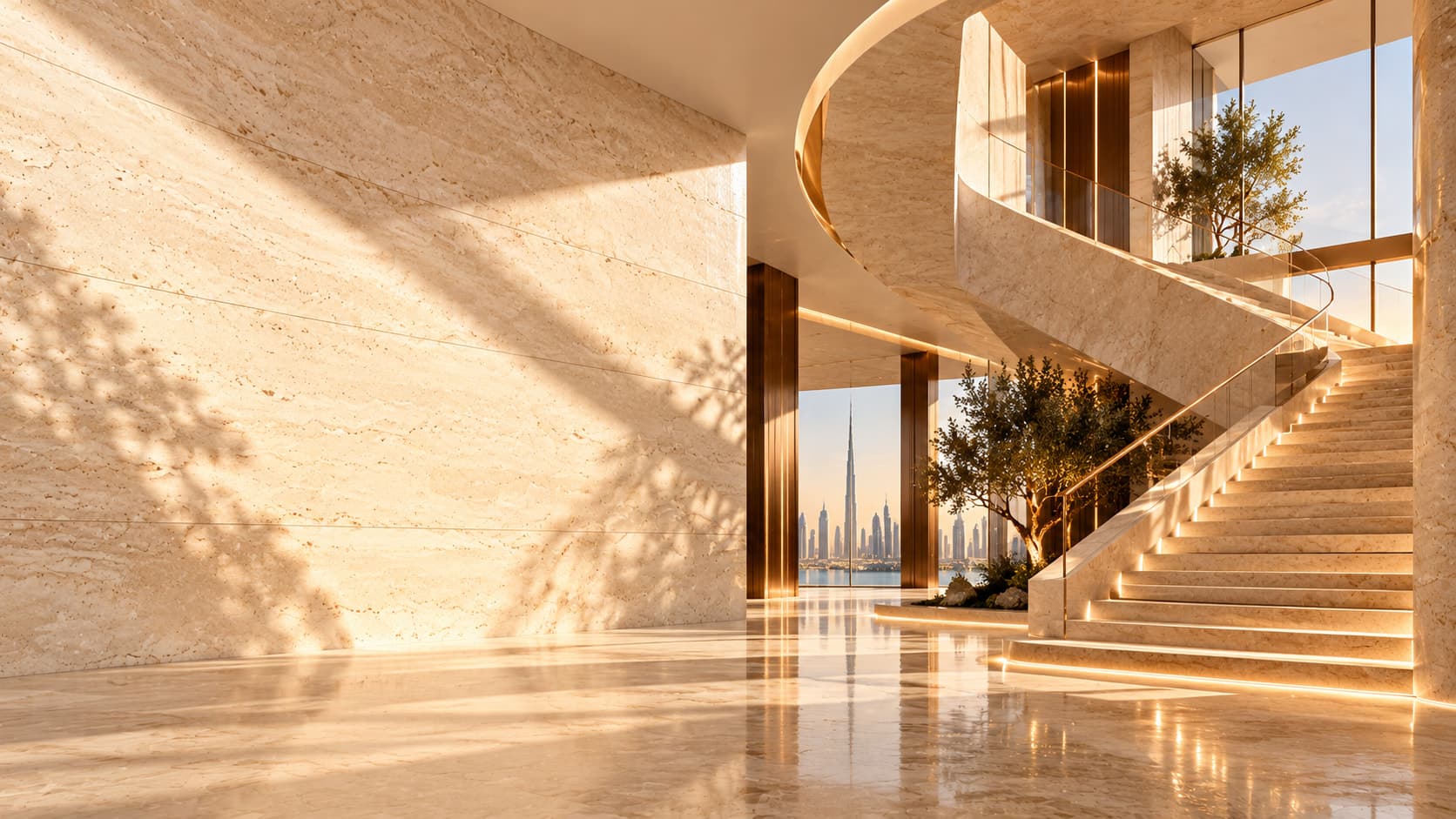 A marble staircase in a sunlit lobby with a view of the city