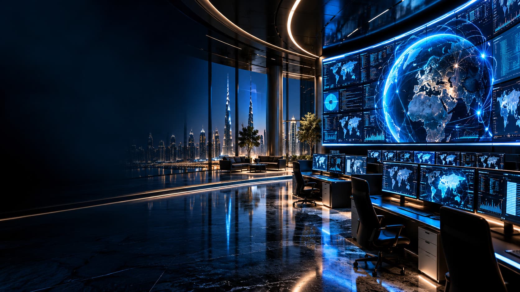 A security operations room with a glowing globe on a video wall, the Dubai skyline at night behind the glass