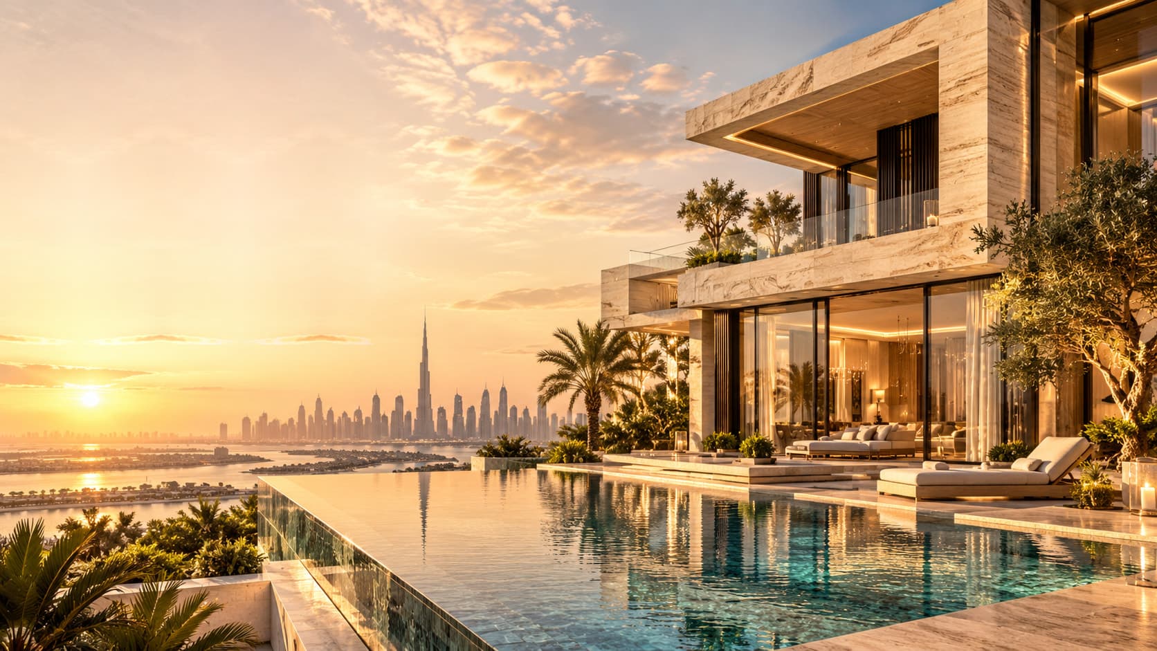 A modern stone villa with an infinity pool overlooking the Dubai skyline at sunset