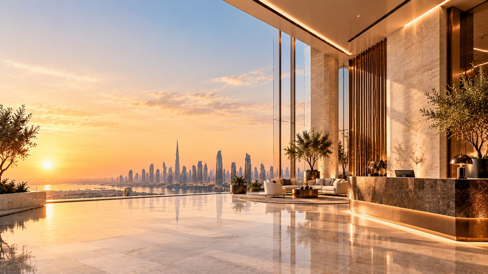A bright reception hall with tall windows facing the sea and the city at sunset
