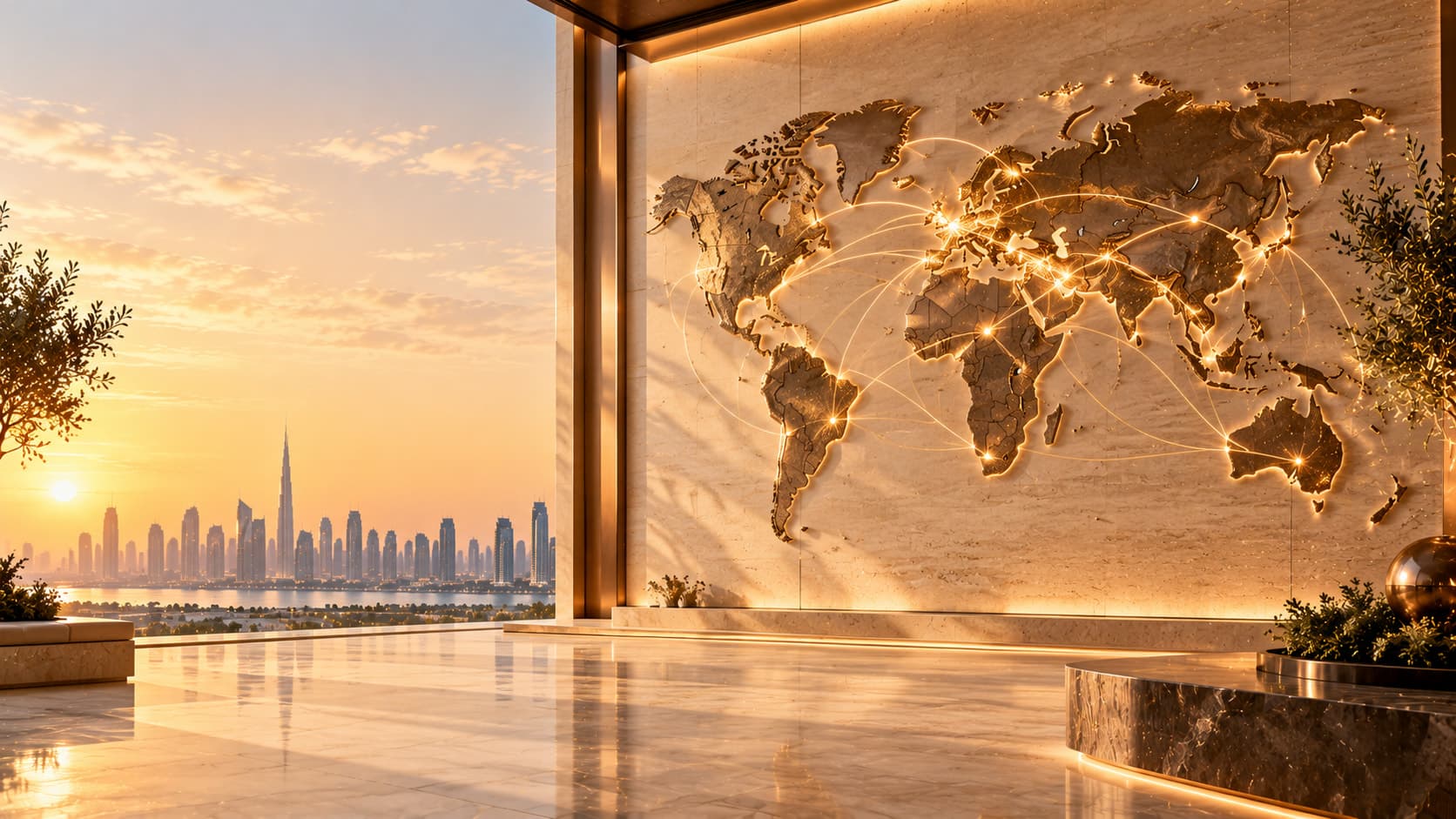 A world map in gold relief on a stone wall, with the city at sunset beyond the window