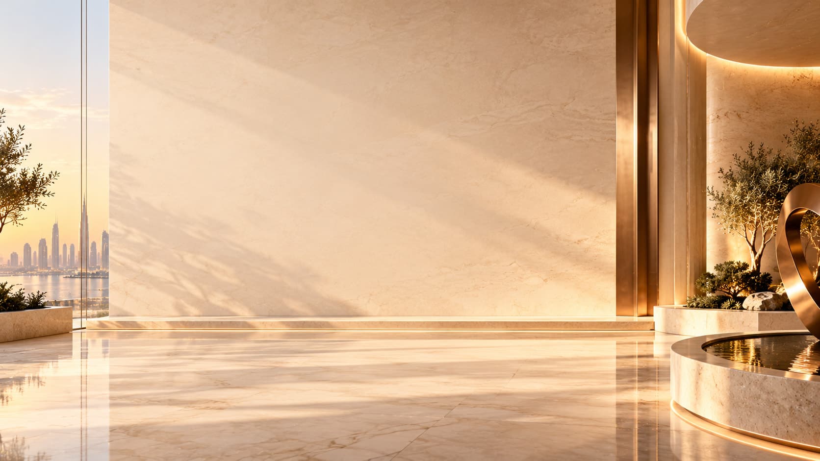 A sunlit marble hall with an olive tree and a bronze sculpture