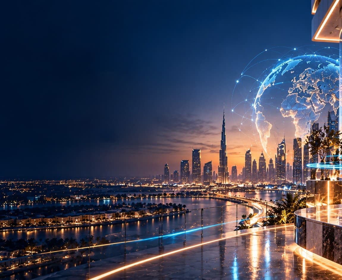 A glowing globe of light above the Dubai skyline at dusk